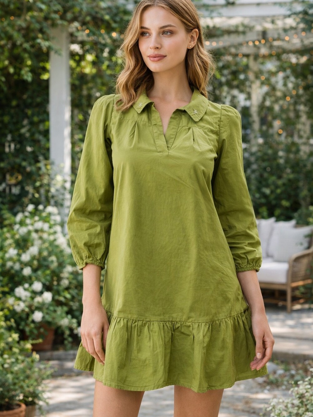 Day + Moon Mini Dress Sz M Olive Green Star Embroidered Collared Ruffle Cotton